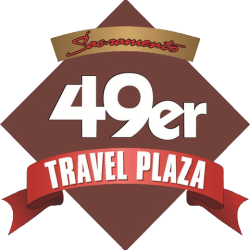 Logo: Sacramento 49er Travel Plaza with Sacramento in a cursive font on a yellow banner, 49er in bold white on a brown background, and Travel Plaza in white on a red banner.